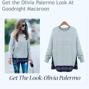 Goodnight Macaroon Gray Sweater, Plaid Hem, Medium